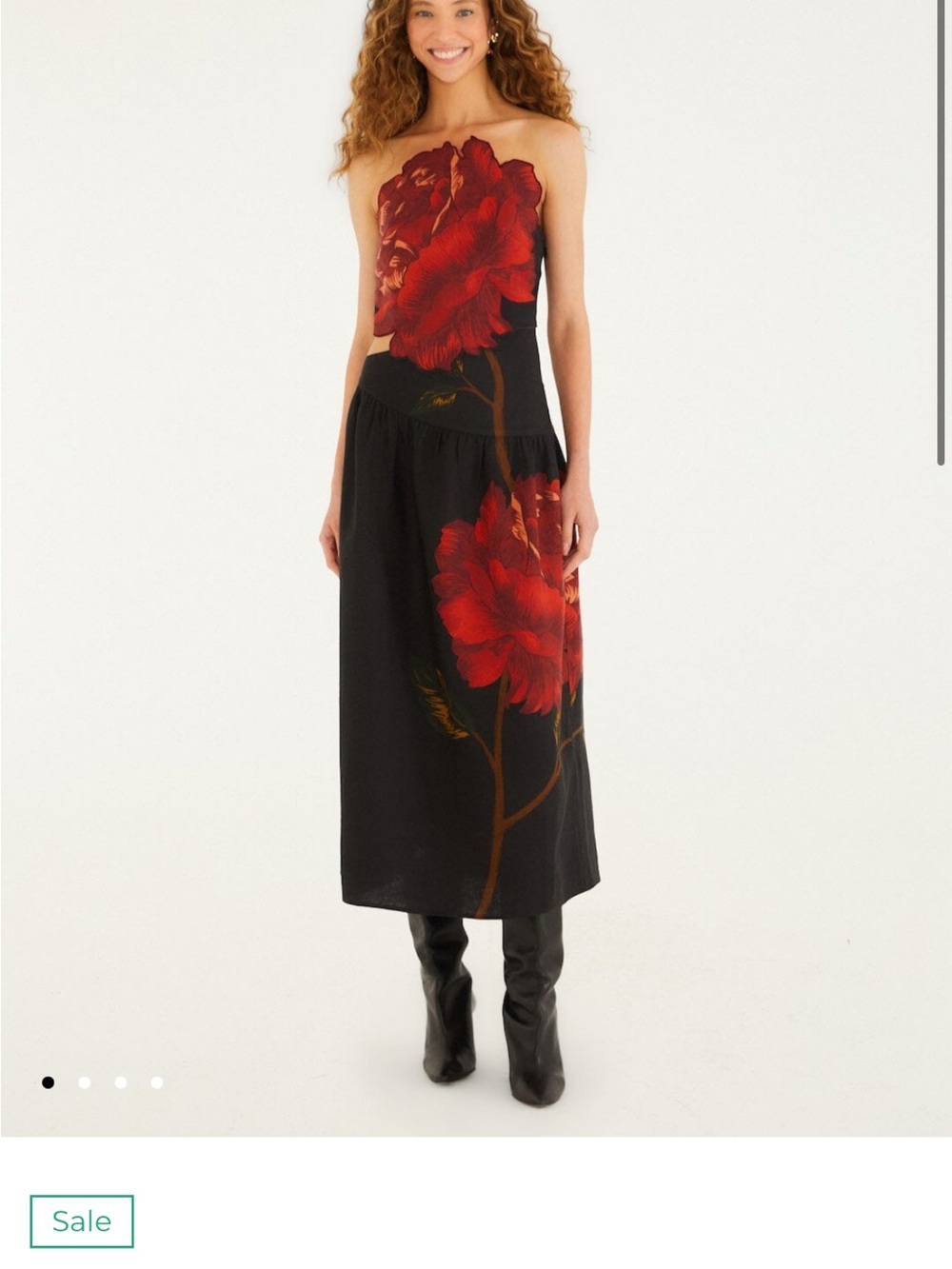 FARM Rio Black Strapless Midi Dress with Red Floral Motif